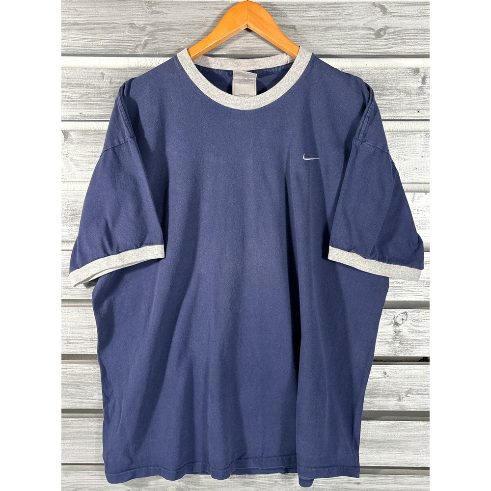 Vintage y2k Nike Ringer T-Shirt Navy Blue Gray Swoosh Made in USA XL Mens